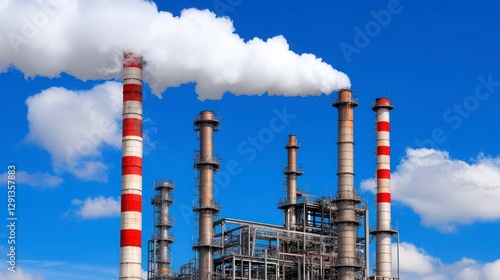 Industrial Power Plant with Red and White Smoke Stacks against Blue Sky photo