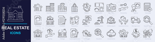 Real Estate Outline Vector Icon Collection. A set of outline icons related to property, buying, renting, house, mortgage, housing, rental of premise and more. Editable stroke. Vector illustration