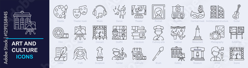 Art and Culture Outline Vector Icon Collection. A set of outline icons related to artist, painting, museum, architecture,  image, music, creative and more. Editable stroke. Vector illustration