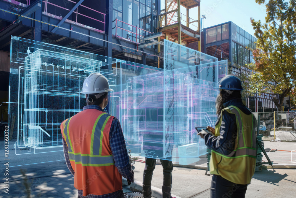 Engineers developing sustainable energy systems in an urban environment, with a mix of 3D models and virtual reality prototypes