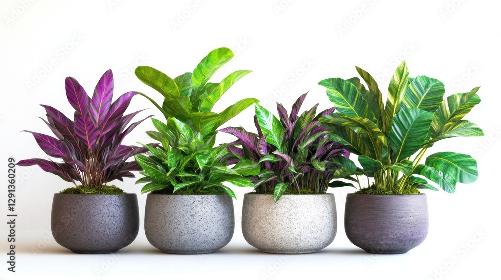 Fototapeta premium Tropical foliage plants with vibrant green and purple leaves, arranged in modern planters, against a clean white background. --ar 16:9 --v 6.1 Job ID: 1383bae8-465c-4d1c-a070-e0a341d16e13