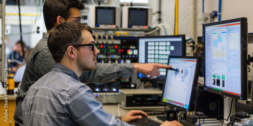 Engineers testing next-gen energy management software in a tech lab, surrounded by monitors and IoT devices