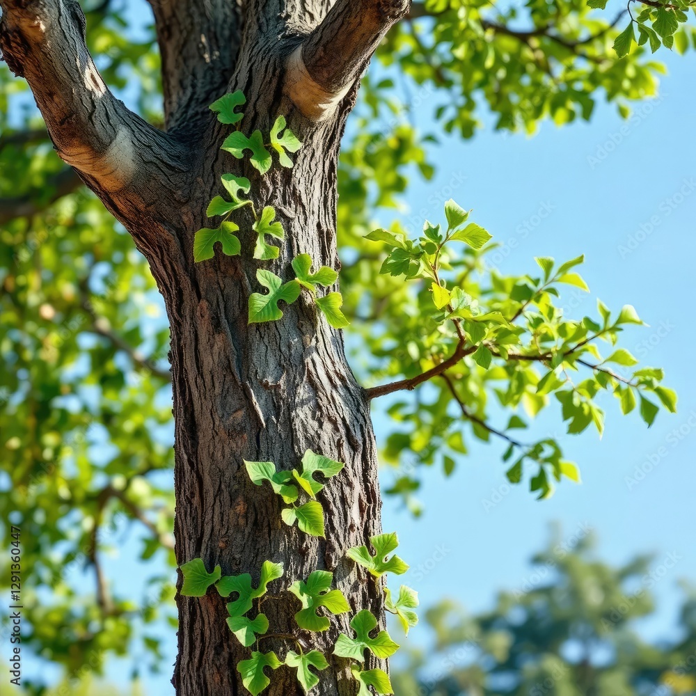 Fototapeta premium A puzzle tree with variously shaped pieces resembling tree bark and green foliage, piece,, bark