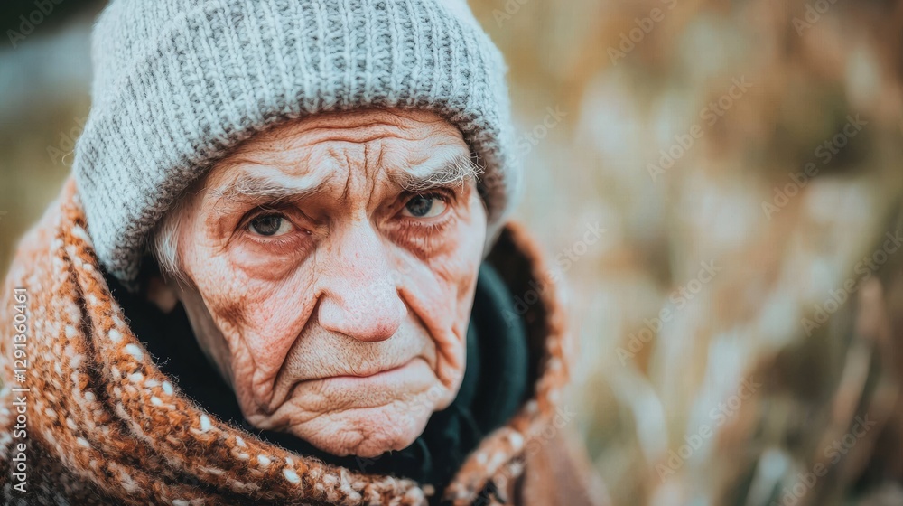 Elderly Man Wearing Winter Hat and Cloak with Deep Wrinkles Posing Outdoors in Nature Elderly Man Wearing Winter Hat and Cloak with Deep Wrinkles Posing Outdoors in Nature