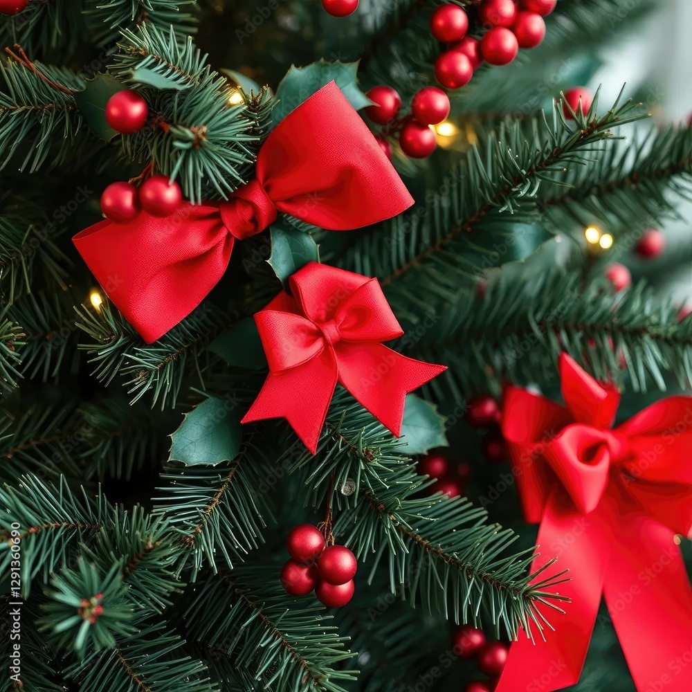 A red bow placed among the branches of a Christmas tree, holly, solitary placement, wrapping A red bow placed among the branches of a Christmas tree, holly, solitary placement, wrapping