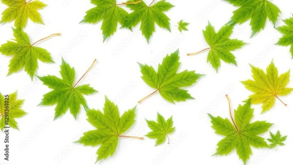 A scattered arrangement of green maple leaves on a pristine white surface, maple, organic, fibers A scattered arrangement of green maple leaves on a pristine white surface, maple, organic, fibers