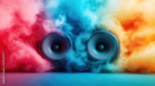 An eye-catching composition of speakers surrounded by vibrant smoke, representing music's energy and the lively atmosphere of a musical performance.