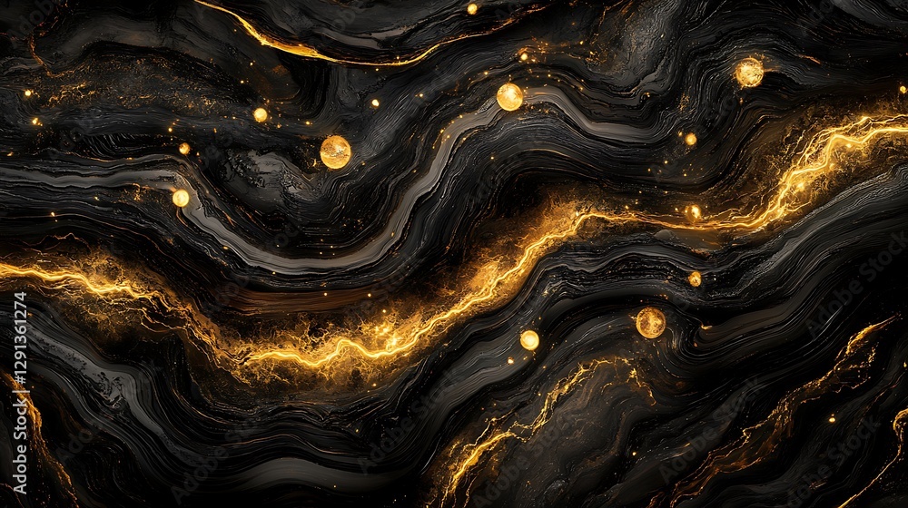 Beautiful black background with glowing gold lines and spheres Beautiful black background with glowing gold lines and spheres