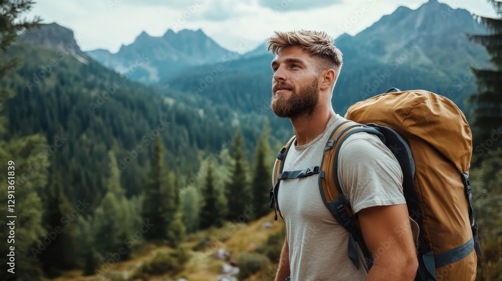 A man with a beard and backpack stands in a breathtaking mountainous landscape, appreciating the tranquility and beauty of nature, conveying a sense of adventure and exploration. A man with a beard and backpack stands in a breathtaking mountainous landscape, appreciating the tranquility and beauty of nature, conveying a sense of adventure and exploration.