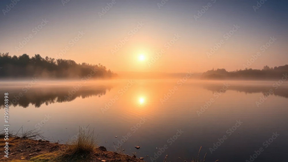 A serene lake scene with trees and misty atmosphere, sun, calm, sky A serene lake scene with trees and misty atmosphere, sun, calm, sky