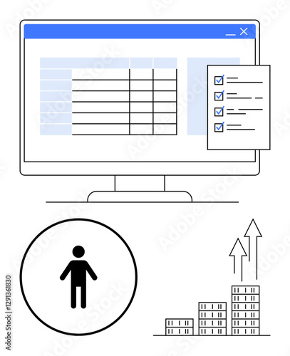 Monitor with spreadsheet and checklist, person symbol, and bar chart with upward arrows. Ideal for productivity, planning, growth, organization, analytics, management abstract line flat metaphor