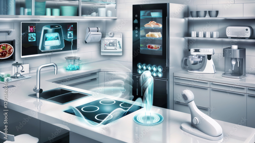 Futuristic kitchen with a smart refrigerator, touchless faucets, and AI-powered cooking assistant integrated seamlessly Futuristic kitchen with a smart refrigerator, touchless faucets, and AI-powered cooking assistant integrated seamlessly