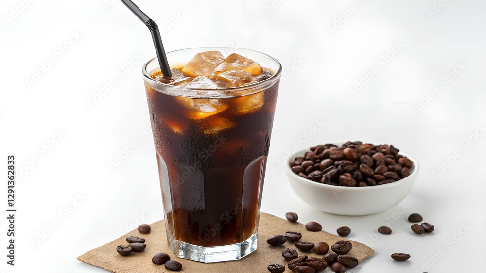 Iced Black Coffee in a Tall Glass with Coffee Beans on White Background Iced Black Coffee in a Tall Glass with Coffee Beans on White Background