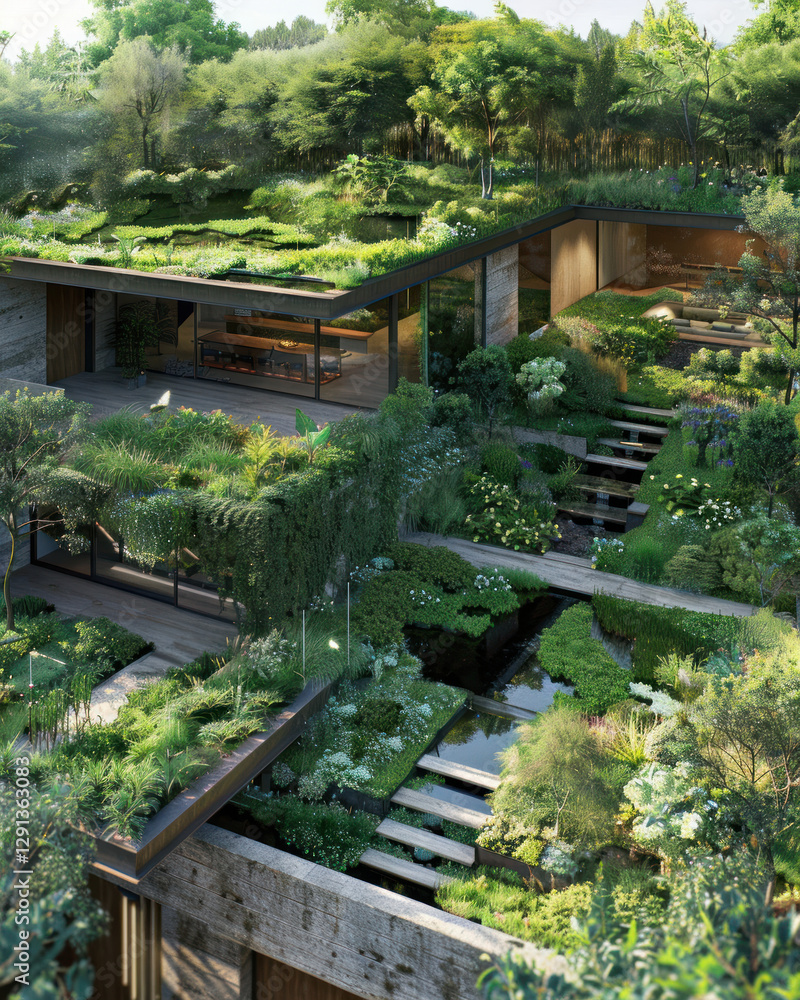 Green roof design with lush vegetation and water harvesting systems, blending sustainability and aesthetics Green roof design with lush vegetation and water harvesting systems, blending sustainability and aesthetics