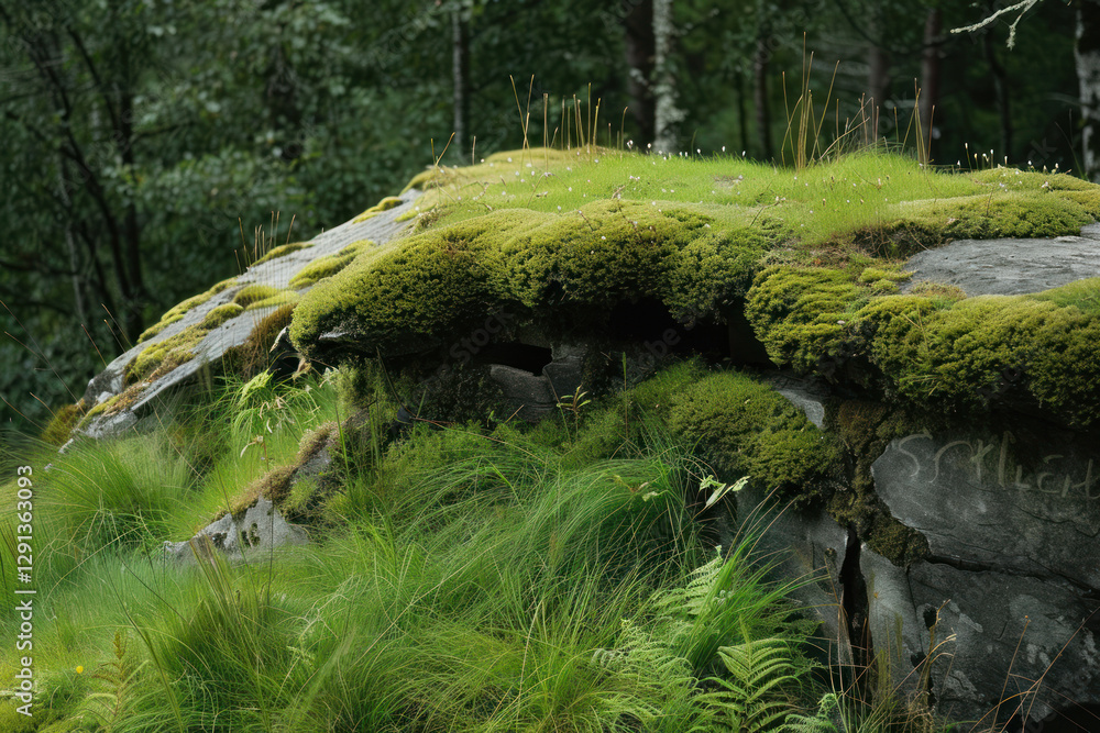Green roof with moss and grass growing naturally, providing insulation and environmental benefits Green roof with moss and grass growing naturally, providing insulation and environmental benefits