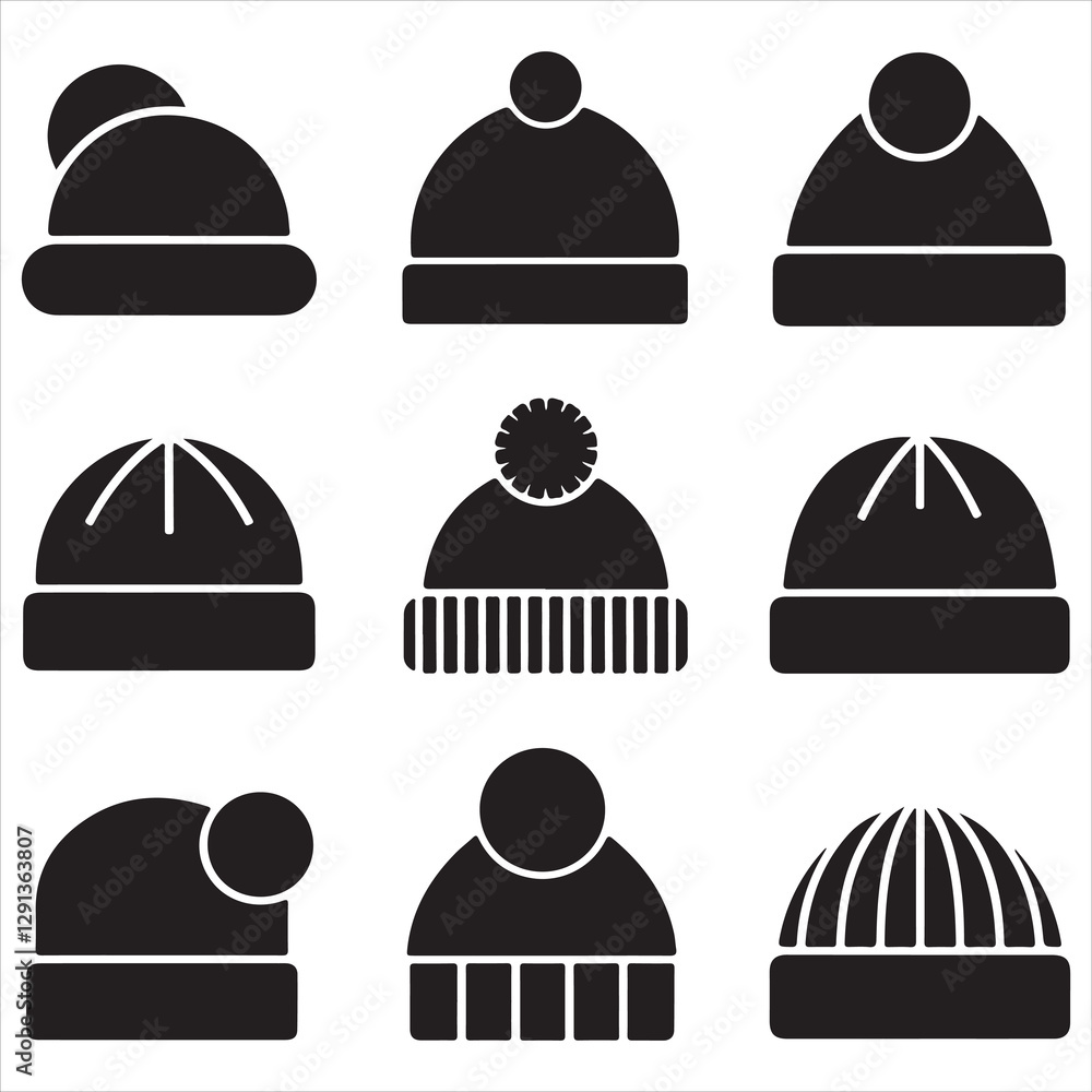 SET VECTOR VARIOUS STYLE BEANIE HAT SILHOUETTES