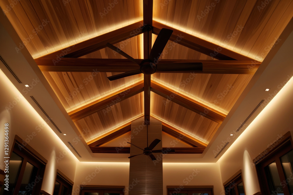 Minimalist ceiling with wooden beams, integrated LED lighting, and a fan centerpiece Minimalist ceiling with wooden beams, integrated LED lighting, and a fan centerpiece