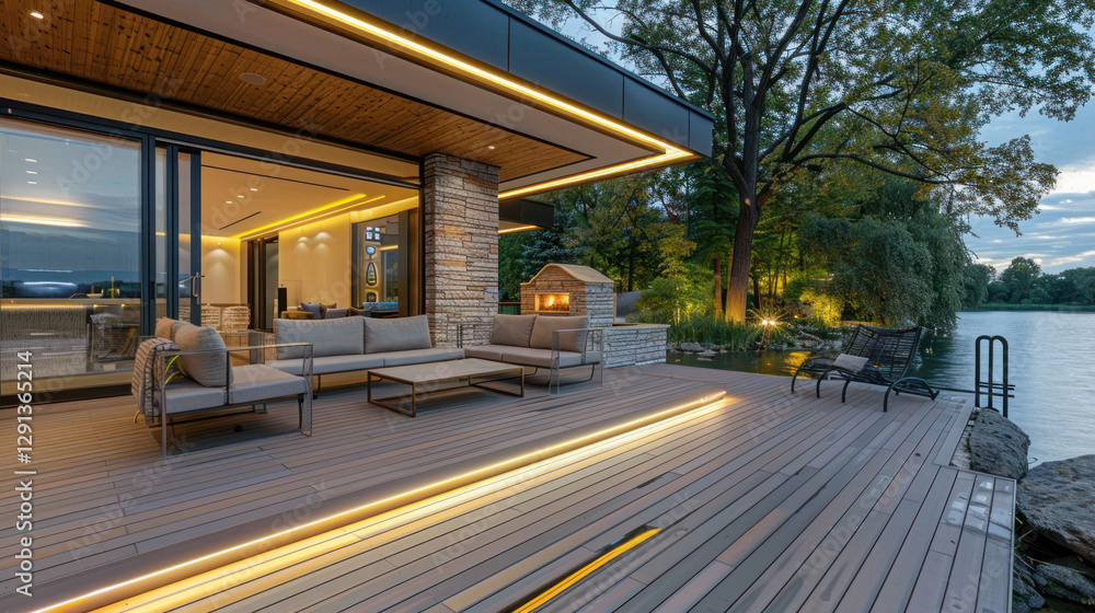 Modern deck with composite wood, built-in lighting, and sleek outdoor furniture overlooking a lake Modern deck with composite wood, built-in lighting, and sleek outdoor furniture overlooking a lake