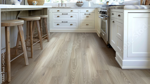Modern kitchen with durable and stylish vinyl plank flooring, complementing white cabinetry and sleek countertops