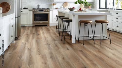 Modern kitchen with durable and stylish vinyl plank flooring, complementing white cabinetry and sleek countertops