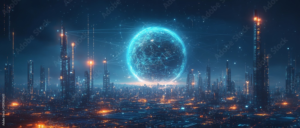 Obraz premium Digital art of a city with a large globe at the center, enveloped in a glowing web of digital connections, hightech network design, futuristic city atmosphere, 8K resolution