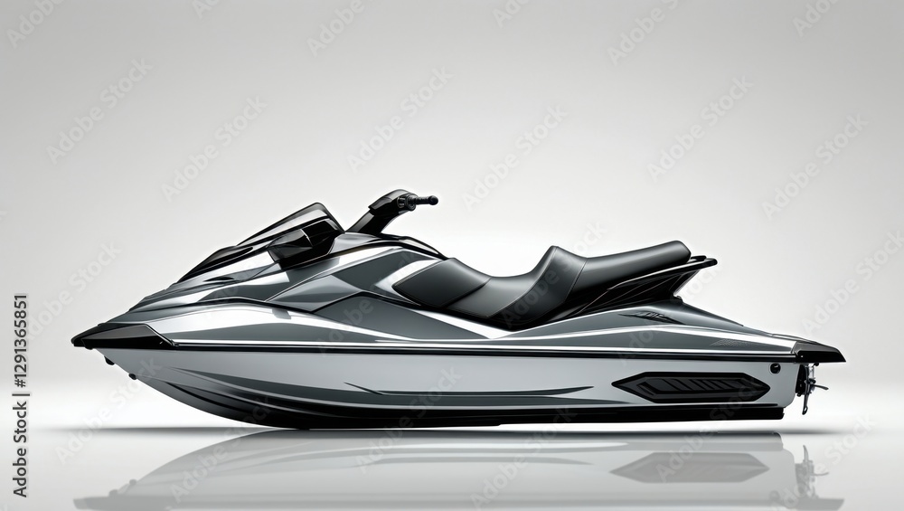 Sleek Silver Jet Ski with High Gloss Finish Displayed on White Background Offering a Side View Perspective with Clear Reflection Sleek Silver Jet Ski with High Gloss Finish Displayed on White Background Offering a Side View Perspective with Clear Reflection