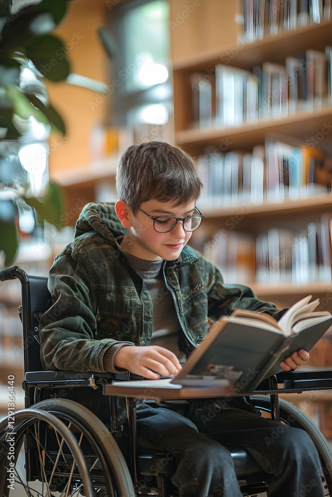 Obraz premium Cheerful student with disabilities explores literature in library setting