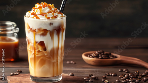 A tall glass of iced caramel macchiato with coffee