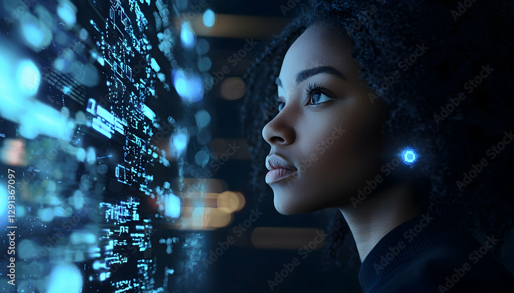 Plakát Conceptual banner of black woman tackling AI and cyber threats ...