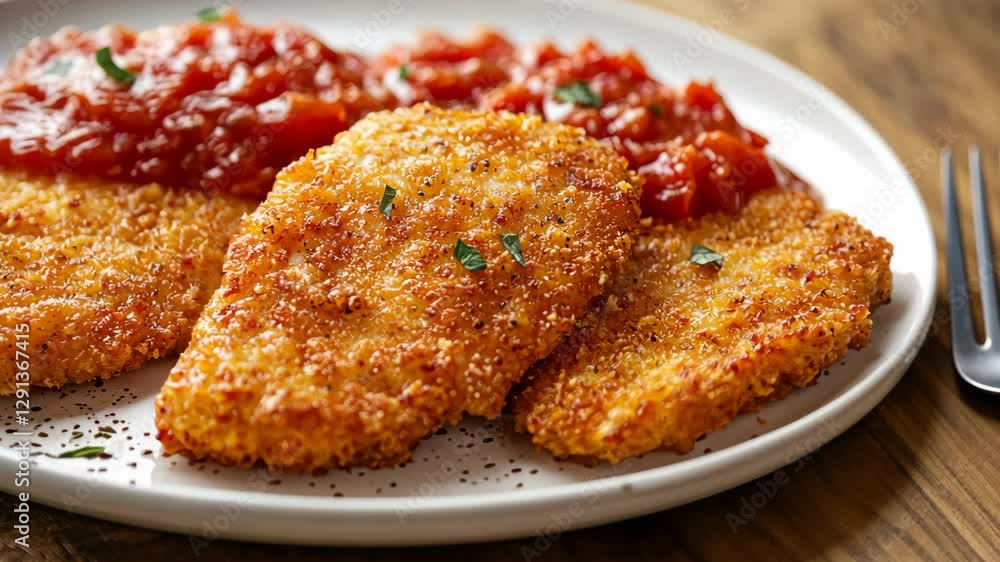 Fried mozzarella with tomato sauce on white plate, generative AI Fried mozzarella with tomato sauce on white plate, generative AI