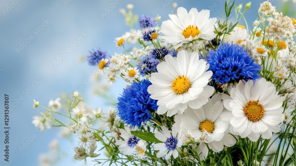 Obraz premium Vibrant bouquet of white daisies and blue cornflowers blooming under a bright summer sky.
