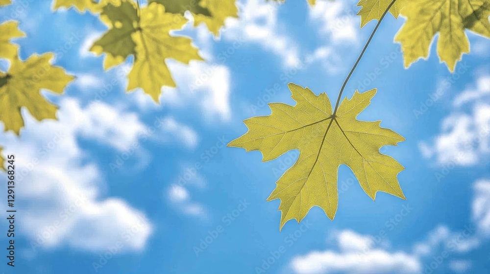 Yellow maple leaf against blue sky with clouds Yellow maple leaf against blue sky with clouds