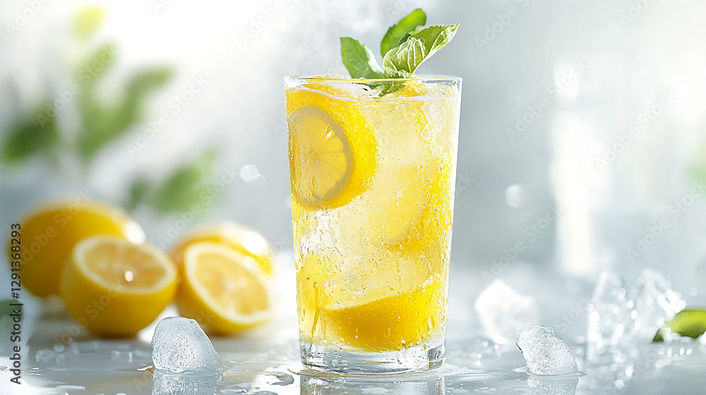 Fototapeta premium A tall glass of iced lemonade with condensation isolated