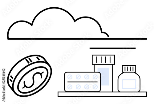 Cloud over shelf with medication bottles and pills, next to large dollar coin. Ideal for healthcare tech, online pharmacy, medical storage, cost efficiency, e-commerce, telemedicine, health