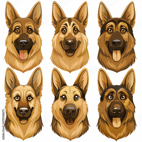 police dog German Shepherd collection many poses. Vector set of Shepherd dogs, East European Shepherd Isolated vector illustration