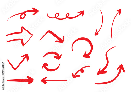 ベクターの筆ペンの手書きの矢印セット 赤