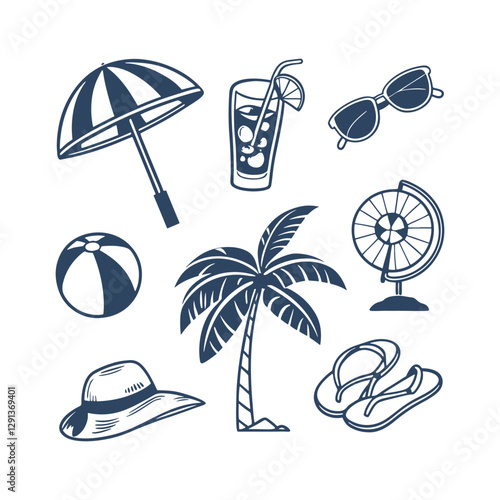 Summer Doodle Beach Day Element Set Collection Vector Clipart Isolated Illustration