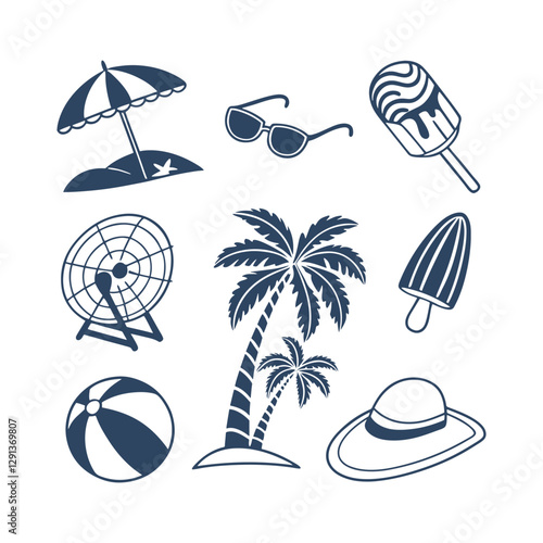 Summer Doodle Beach Day Element Set Collection Vector Clipart Isolated Illustration