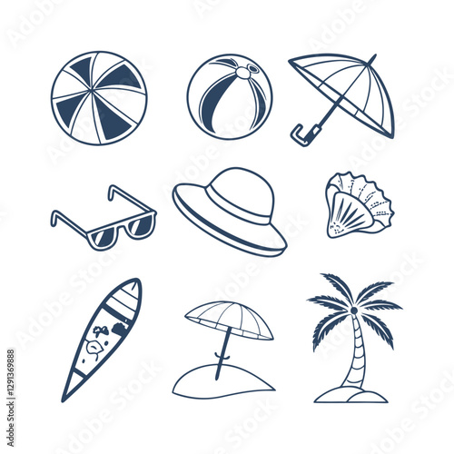 Summer Doodle Beach Day Element Set Collection Silhouettes Vector Clipart Isolated Illustration