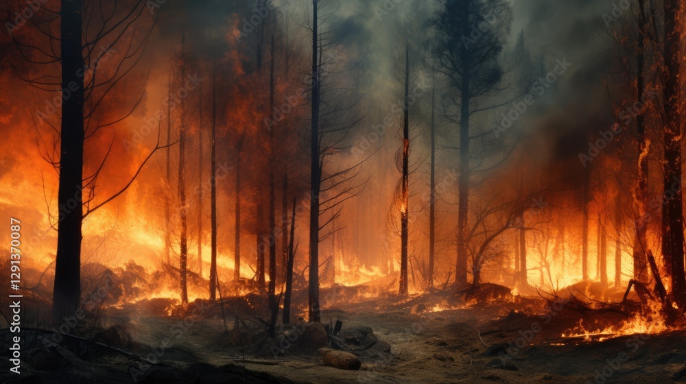 Trees in orange flames forest fire destroying and causing air pollution on dark dry summer night. Burning wood at dark deep wild forest. Horrible nature wildfire disaster. Trees in orange flames forest fire destroying and causing air pollution on dark dry summer night. Burning wood at dark deep wild forest. Horrible nature wildfire disaster.