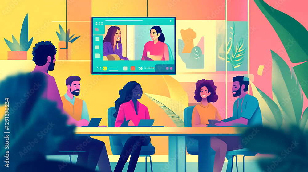 A diverse team of remote workers collaborating on a shared virtual project, communicating via video call, displaying diverse cultures and backgrounds; colorful and lively virtual meeting; animated A diverse team of remote workers collaborating on a shared virtual project, communicating via video call, displaying diverse cultures and backgrounds; colorful and lively virtual meeting; animated