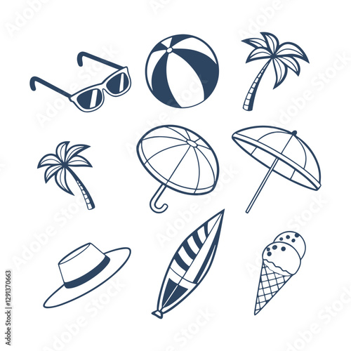 Summer Doodle Beach Day Element Set Collection Silhouettes Vector Clipart Isolated Illustration