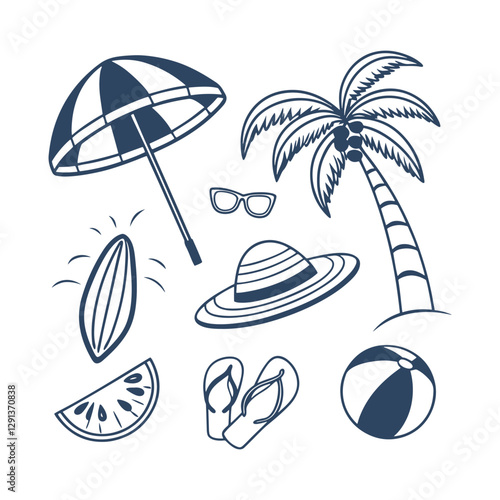 Summer Doodle Beach Day Element Set Collection Silhouettes Vector Clipart Isolated Illustration