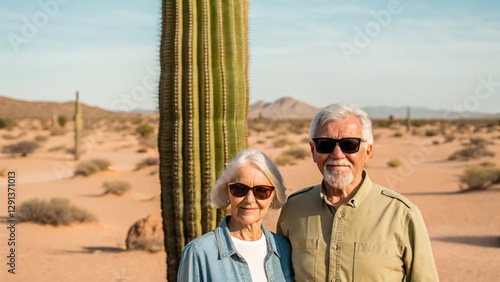 Elderly couple enjoying vacation concept, Elderly couple enjoying desert landscape with cactus backdrop