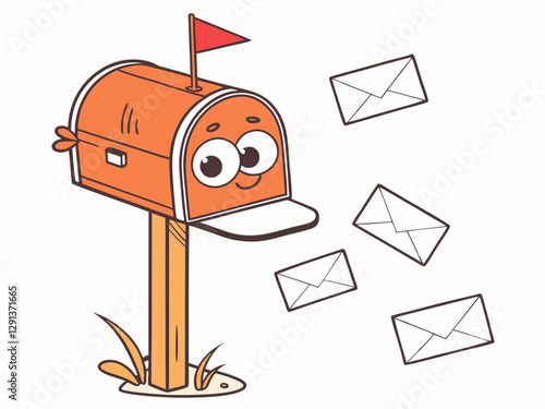 Adorable Cartoon Mailbox with Expressive Eyes and Floating Envelopes.
