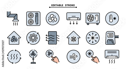 Home ventilation system vector icons set. Editable stroke. Ventilation color icons collection. Includes air conditioner, air dryer, air duct, cooling fan, exhaust fan