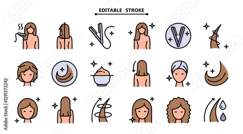 Hair straightener icons set for hair care treatment and beauty or woman salon. Editable stroke. Hair straightener appliance for female haircut straightening and haircare cosmetic treatment symbols