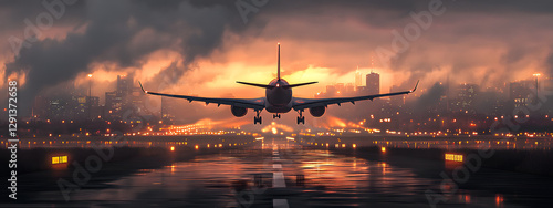 A plane is taking off from the airport runway at sunset
