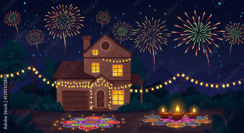 Fototapeta premium Diwali Night Celebration with Illuminated House and Fireworks