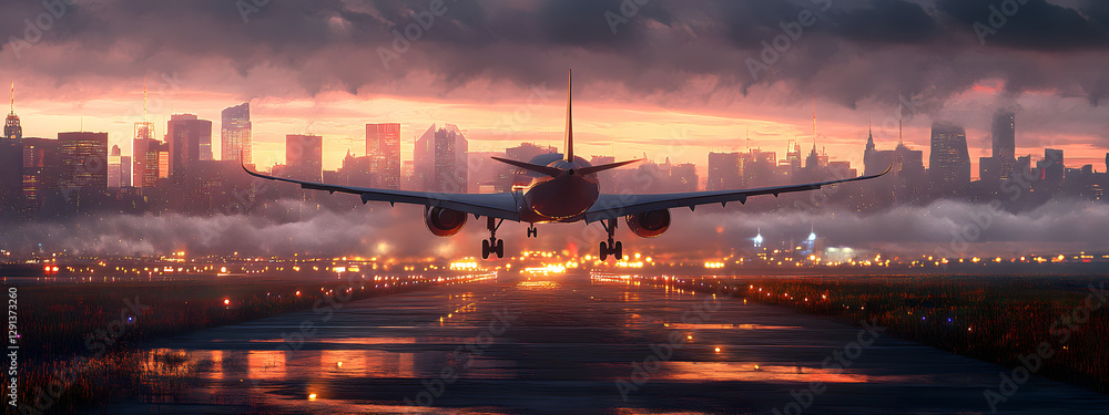 A plane is taking off from the airport runway at sunset
A plane is taking off from the airport runway at sunset